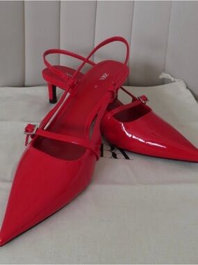 Zara Red Patent Pointed Slingback Heels with Sling Strap